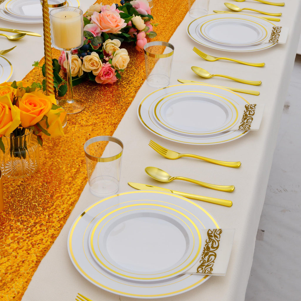 ISFANGCO 700 PCS Gold Plastic Dinnerware for 100 Guests, Gold and White Disposable Plates include 100 Dinner Plates,100 Dessert Plates,100 Silverware Set,100 Cups,100 Napkins