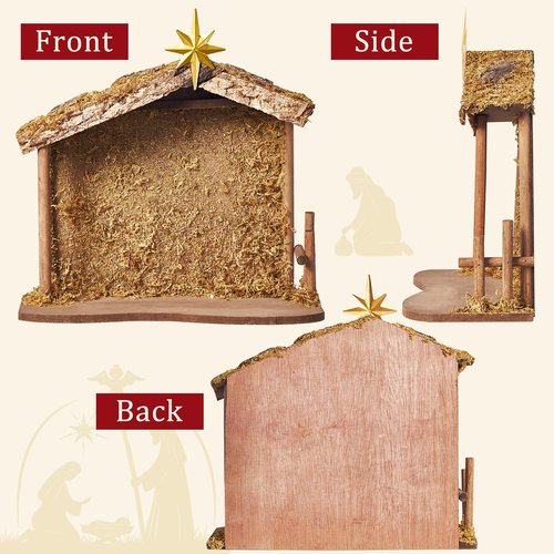 BESBLEE Wooden Nativity Stable 13.8''×11.8'' with Bethlehem Star, Fits 7-8'' Holy Family, Christmas Indoor Creche Home Desk Decor, No Figures