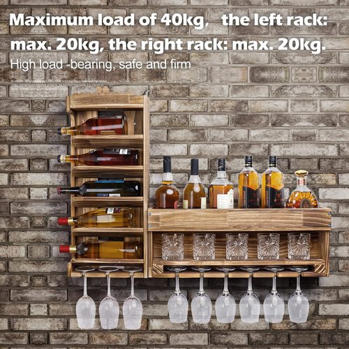 Homde Wine Rack Wall Mounted Wood,Alcohol Shelf with Bottle Stemware Glass Holder Rustic Whiskey Display Storage with Cork Storage for Home Bar Kitchen Decor (Regular Without LED)