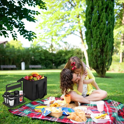 Reusable 6 Cup Drink Carrier with Handle and Insulated Food Delivery Bag, Portable Plastic Cup Caddy, 26L Grocery Cooler Box for Car Delivery, Travel, Picnic(Black)