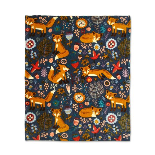 Lush Decor Pixie Fox Sherpa Throw Blanket 50”W x 60"L Navy & Orange - Sherpa Blankets - Toddler Blanket For Bed - Navy Girls Room Decor - Floral Throw