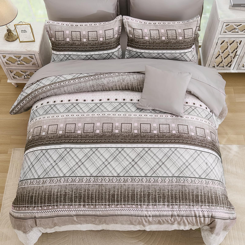 WONGS BEDDING Queen Size Comforter Set 8 Piece, Texture Striped Bed in a Bag Brown Comforter and Sheet Set, Boho Lightweight Microfiber Bedding Set for All Season (90"×90")