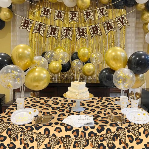 Leopard Party Decorations Cheetah Happy Birthday Banner Cheetah Theme Balloons Leopard Print Tablecloth for Safari Wild Birthday Party Supplies (Gold Leopard Print)