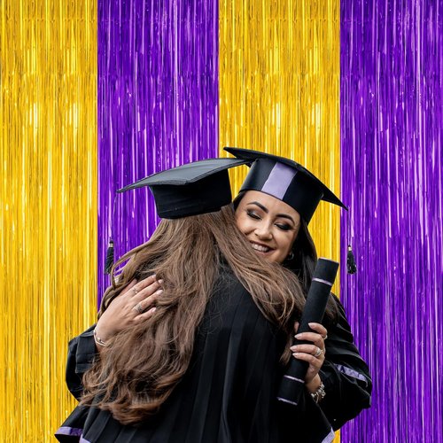 Graduation Backdrop - 2 Pack Metallic Purple & Gold Foil Fringe Curtains | 3.28 FT x 7.05 FT Class of 2026 Decor