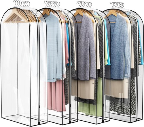 Liuoud Clear Garment Bag - 50” Suit Bags with 10” Gusset for Closet Storage | 4 Pack Plastic Covers