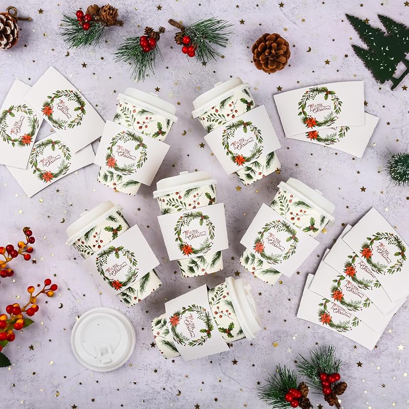 12oz Christmas Holly Berry Disposable Coffee Cups with Lids & Sleeves