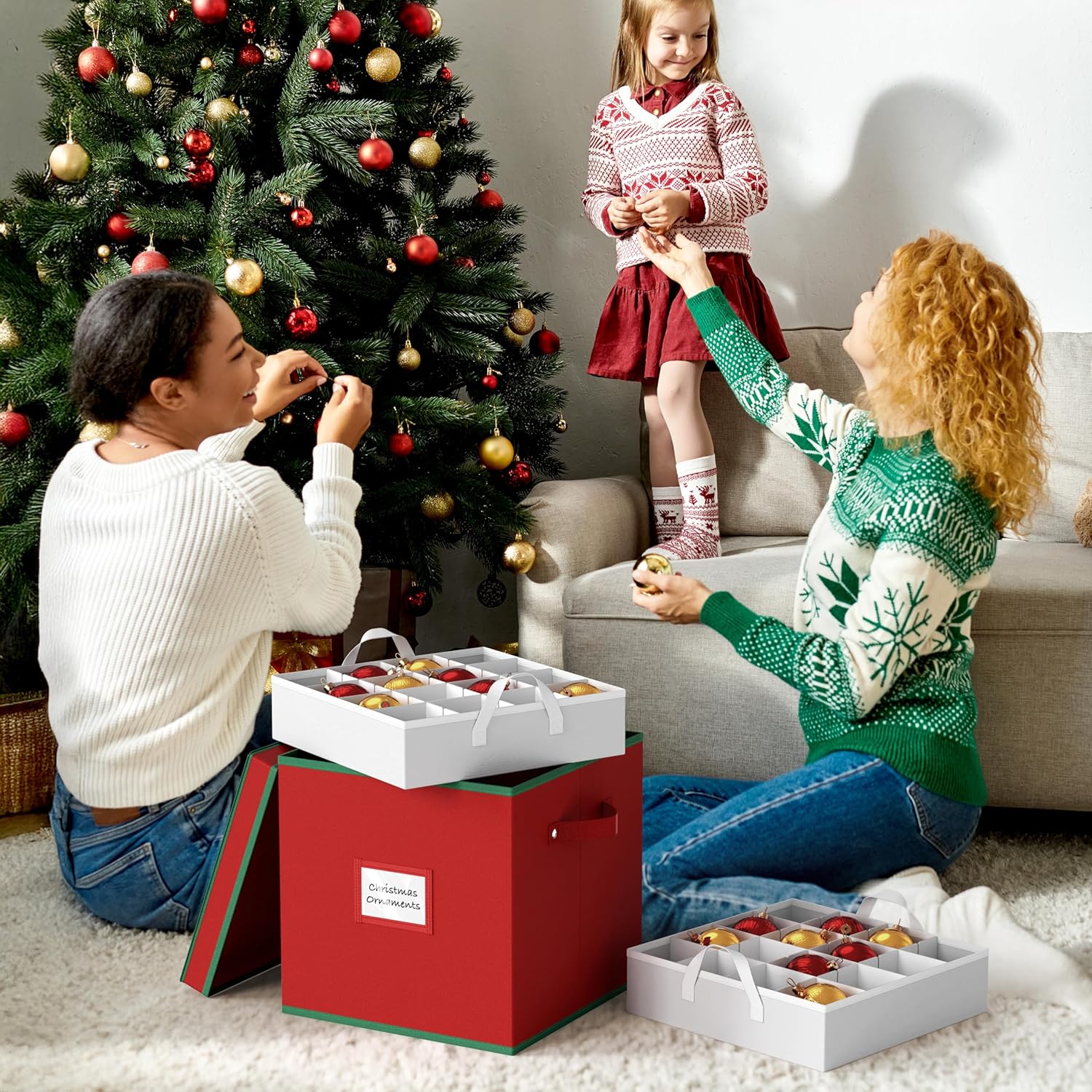 Simple Houseware Heavy-Duty Christmas Ornament Storage Box - Adjustable Dividers, Holds 64 Ornaments, Red