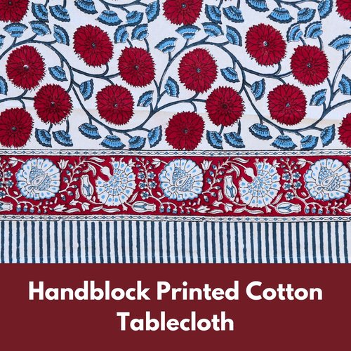 Handblock Print Cotton Tablecloth – 72x180 Rectangle Table Cover Seats 6–8 – Indian Block Printed Floral Dining Table Linen – Boho Washable Cloth for Kitchen, Party, Outdoor (White)