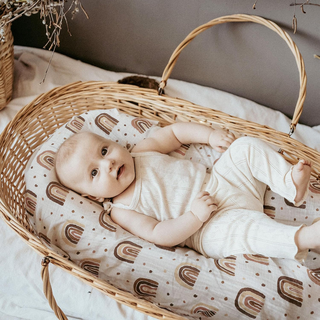 Skiennix Muslin Bassinet Fitted Sheets - Soft Cotton Baby Mattress Sheet Set, 360° Elastic Fit | Cute Rainbow Design