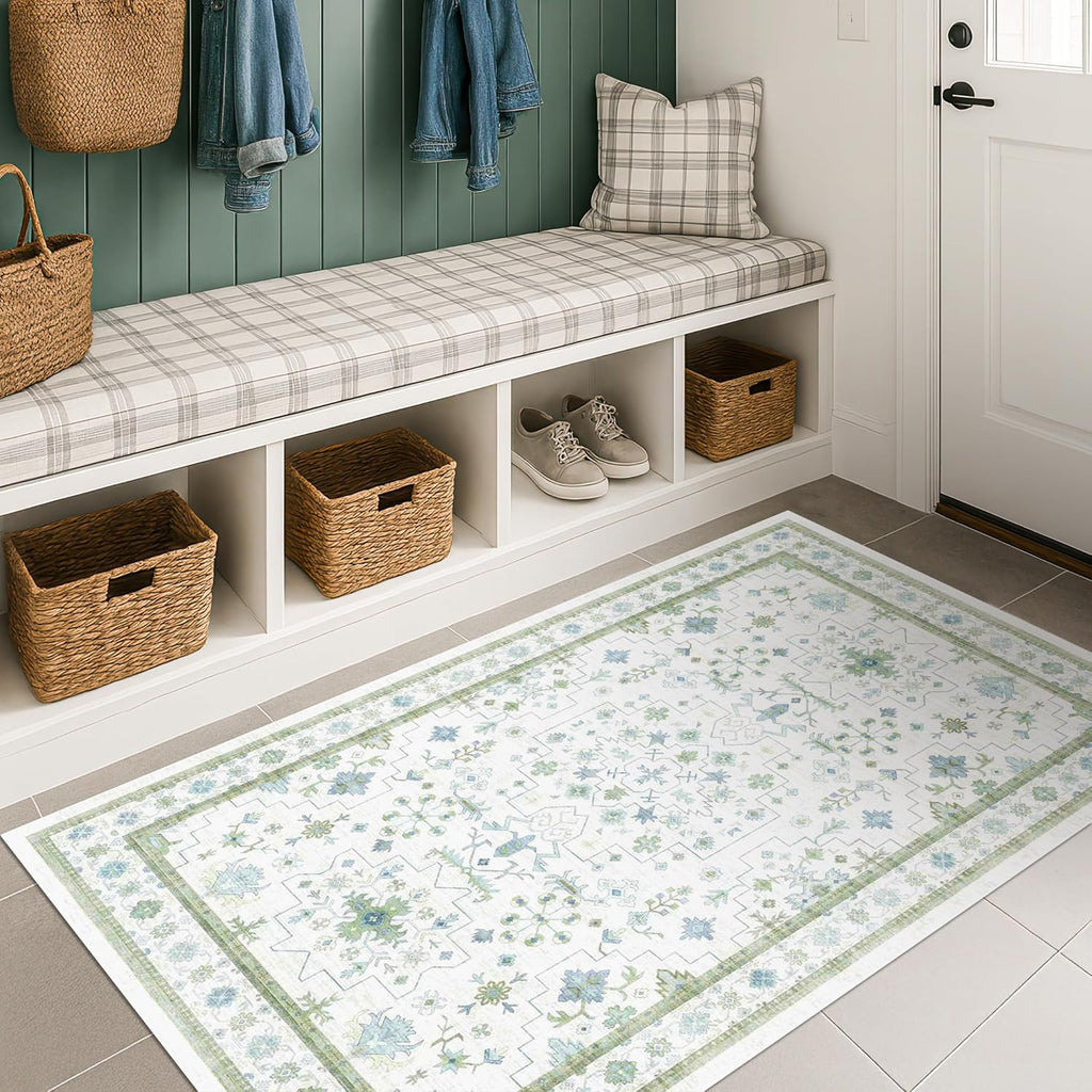 Oushak Bathroom Rug - Cream Green & Blue Floral Design, Washable Low Pile, Non-Slip Rubber Backing, Small Size