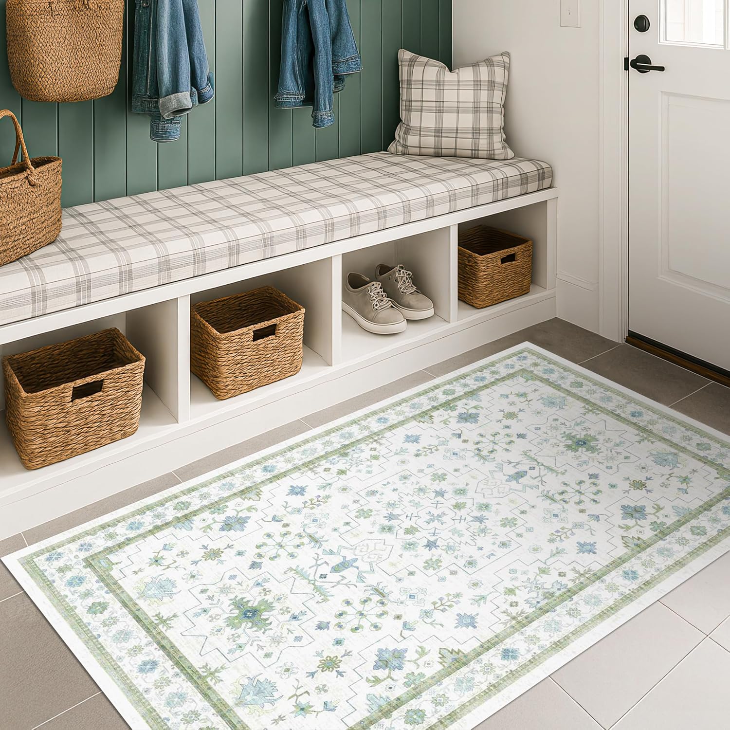 Oushak Boho Bathroom Rug - Cream Green & Blue Floral Design, Washable Non-Slip Low Pile, 2x4 ft