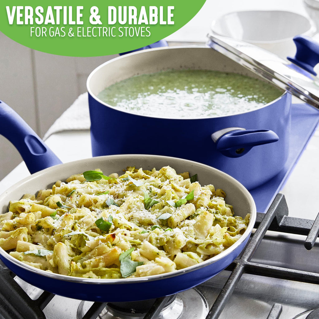 GreenLife Sandstone Healthy Ceramic Nonstick, 15 Piece Kitchen Cookware Pots and Frying Sauce Pans Set, PFAS- Free, Dishwasher Safe, Blue