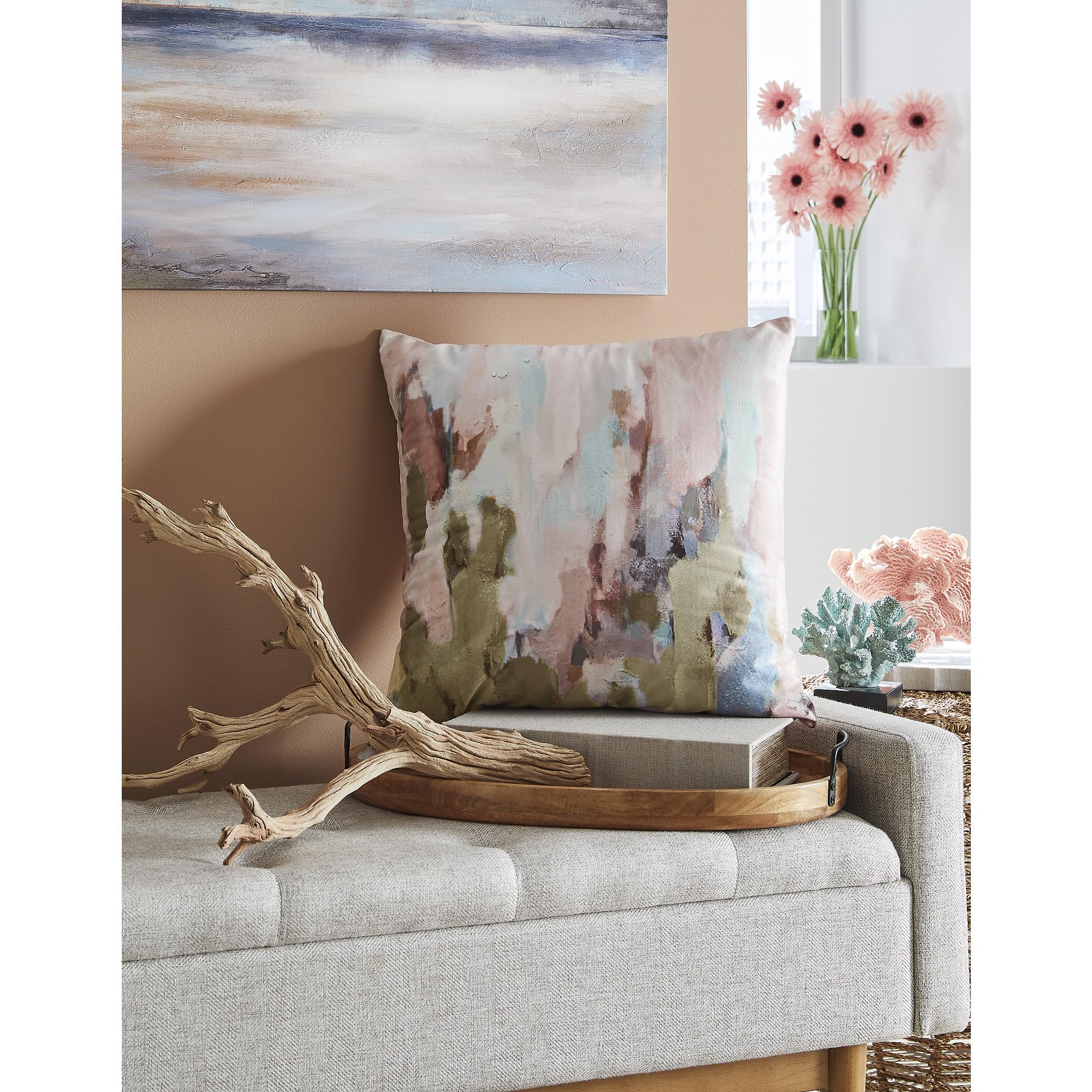 Signature Design by Ashley Lauretwood Contemporary Machine Washable Astract Watercolor Design Accent Pillow with Zipper Closure, Pink & Green
