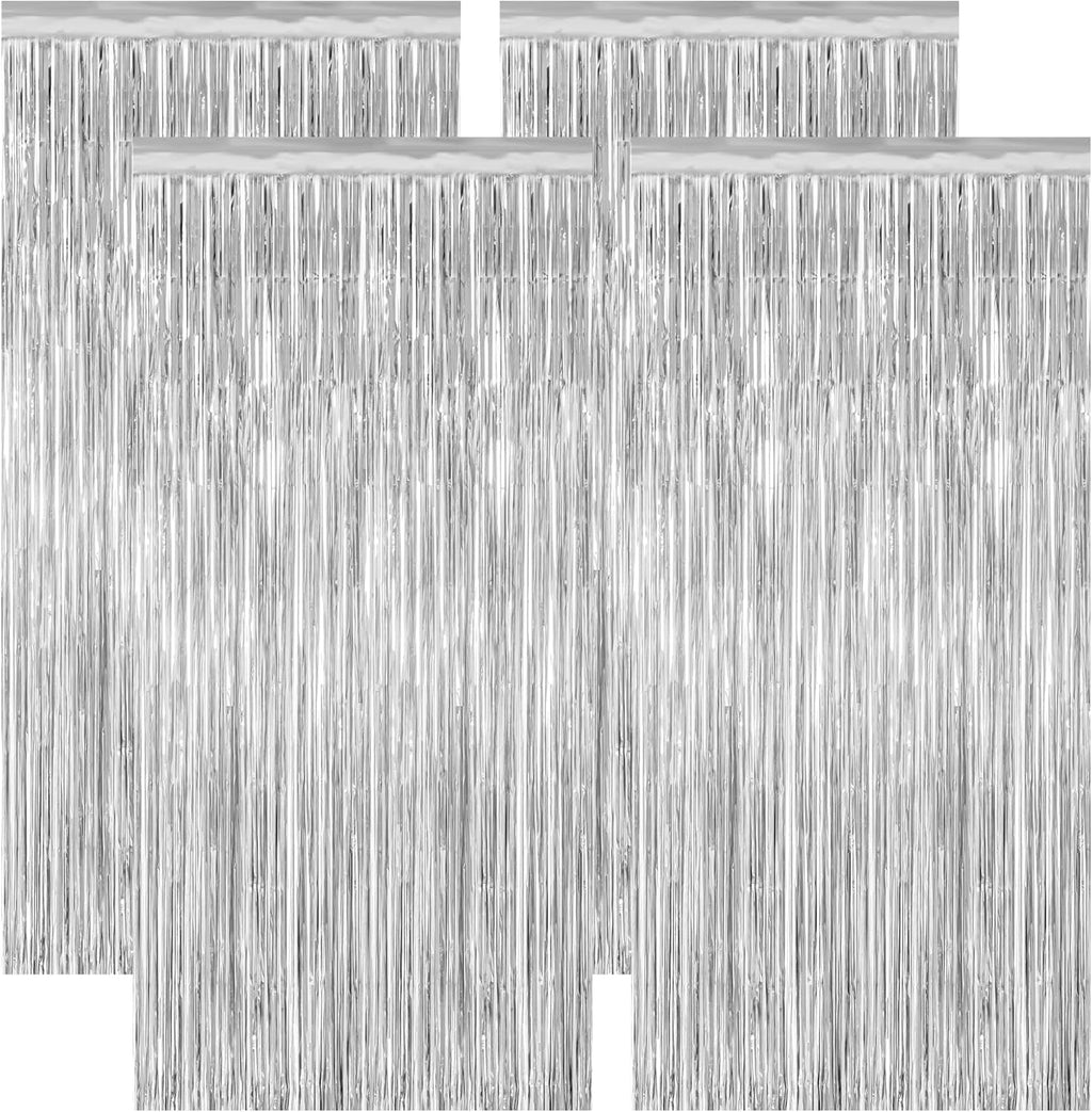 Skiennix 4 Pack Metallic Silver Party Decorations - Tinsel Backdrop & Photo Booth Props for 21st Birthday & Bachelorette Celebrations