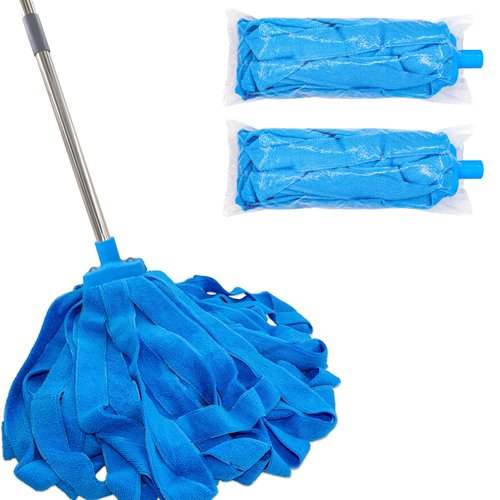 EaseYourDay Screw On Microfiber String Mop, One Stainless Steel Pole + Two Blue Microfiber Cloth Mop Heads