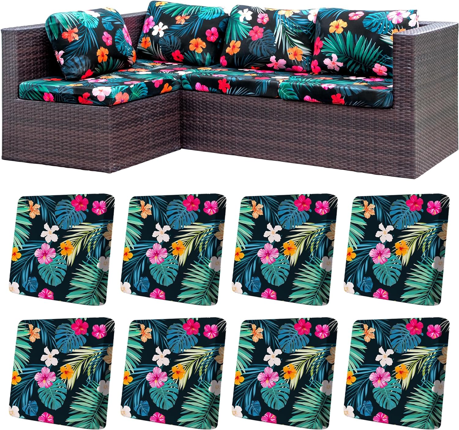Skiennix 8-Piece Stretch Patio Cushion Covers - Washable Outdoor Sofa Slipcovers | Floral Design