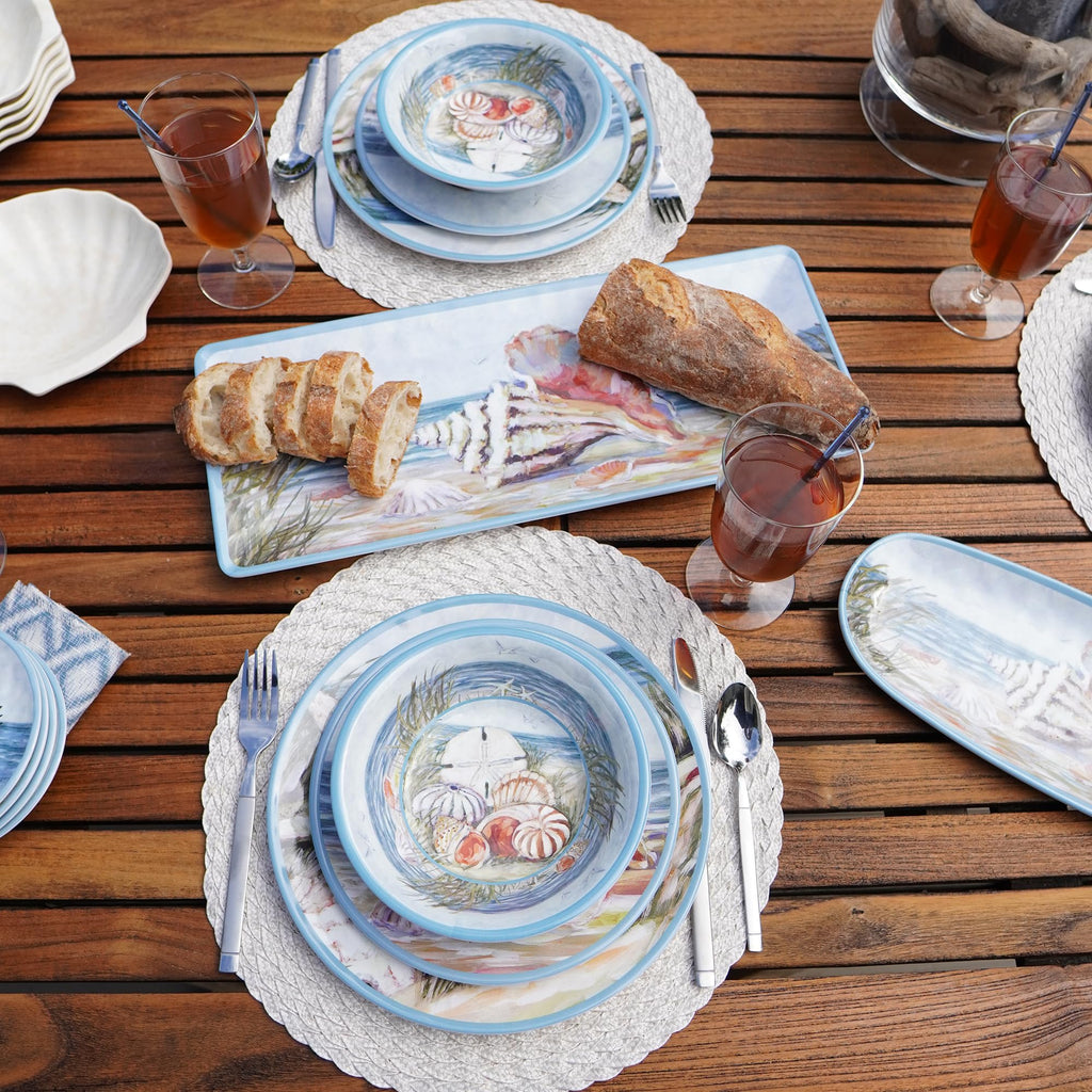 Seacoast Melamine 12 Piece Dinnerware Set – Coastal Beach-Themed Plates and Bowls, Service for 4 with Shell and Ocean Art, Break-Resistant BPA-Free Reusable Dinnerware, Dishwasher Safe Indoor/Outdoor