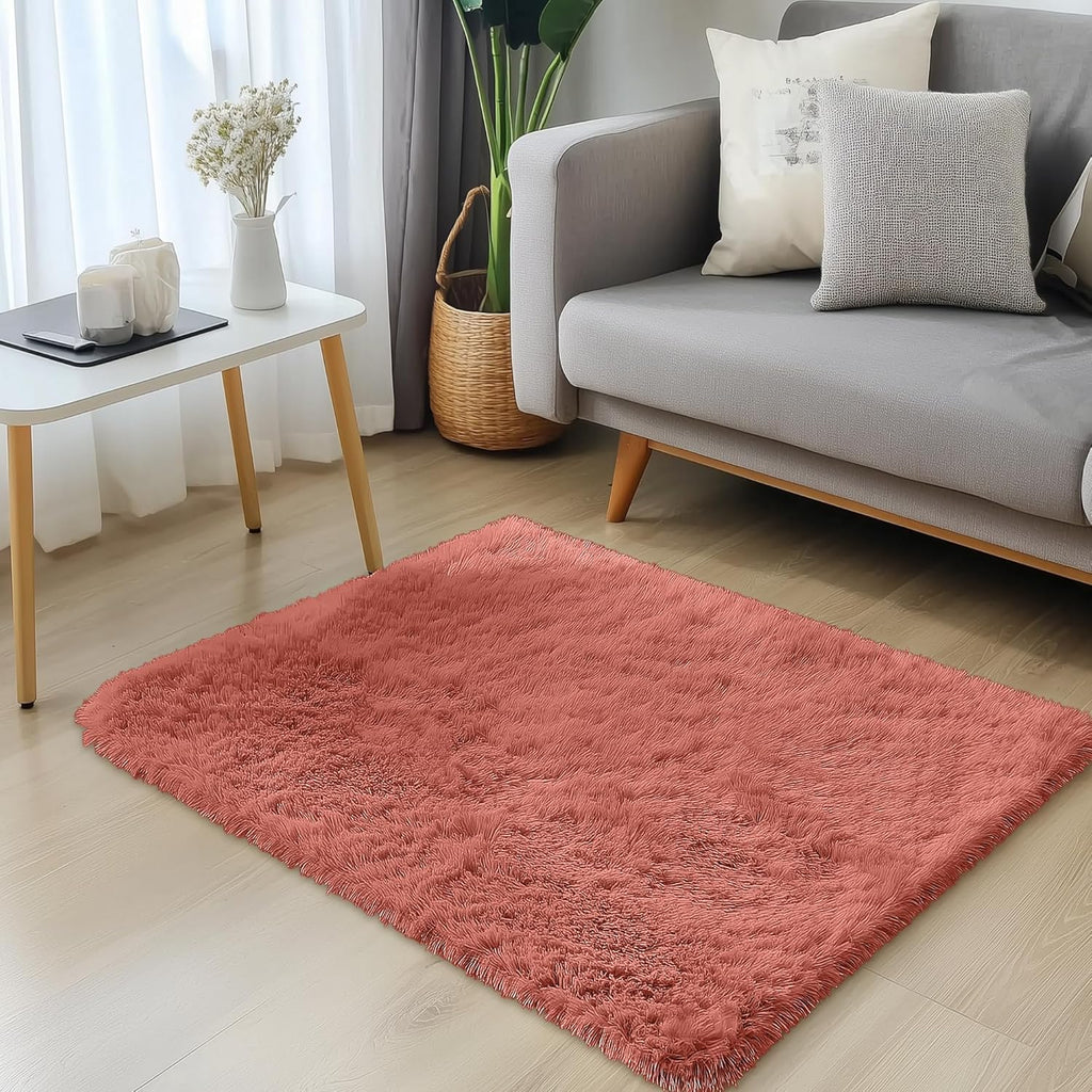 OLANLY Small Bedside Rug - Soft Fluffy Shaggy Throw Rug for Bedroom & Living Room | Rust Red