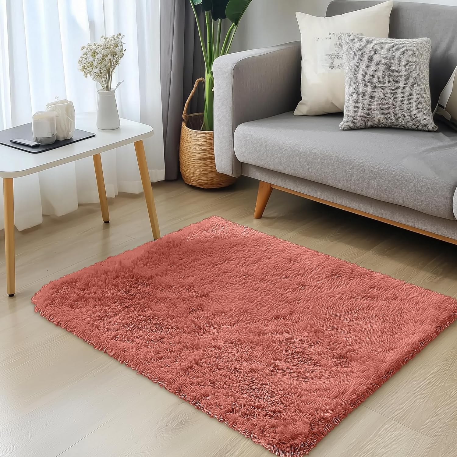 OLANLY Small Bedside Rug - Soft Fluffy Shaggy Throw Rug for Bedroom & Living Room | Rust Red
