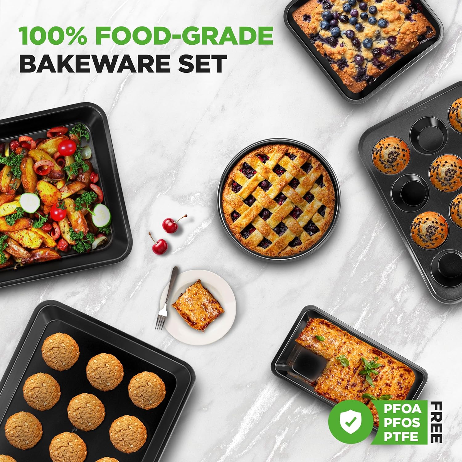 NutriChef Non-Stick Baking Pan Set - Stackable Carbon Steel Bakeware with Cookie Sheet, Muffin & Loaf Pan, Oven & Dishwasher Safe