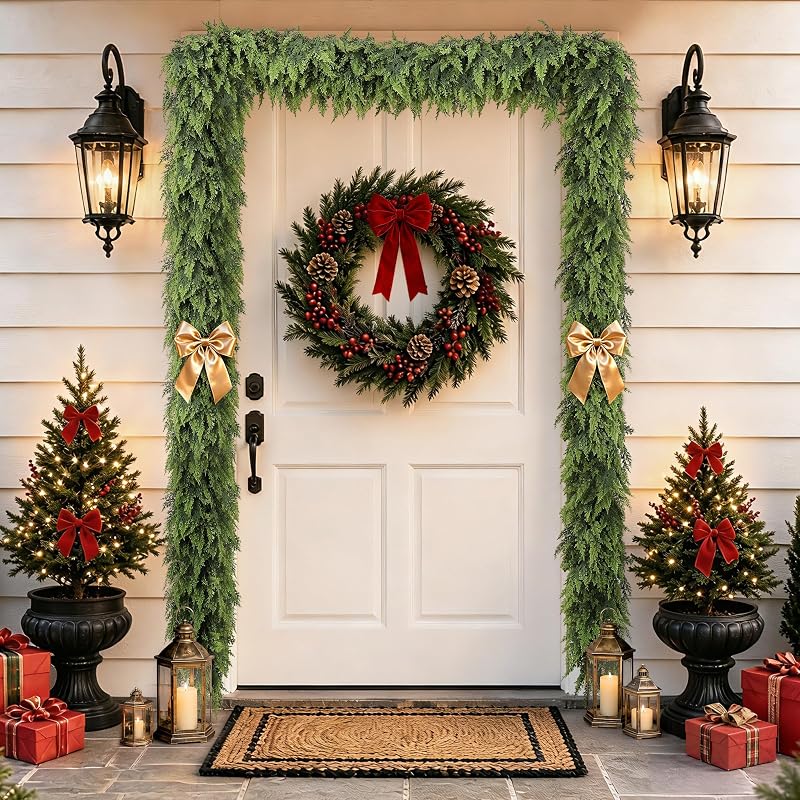 Christmas Cedar Garland 6ft Real Touch Upgrade Large Branches - Lush Faux Pine for Mantle & Holiday Decor (Variation: Christmas Green+1+6ft)