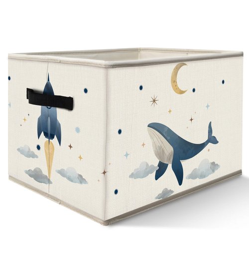 FDHSPAAM Outer Space Rocket Whale Nursery Storage Bins Box with Handles, Cosmic Galaxy Planet Star Moon Collapsible Fabric Storage Basket Box Organizer for Bedroom Bathroom Clothes Toys Books