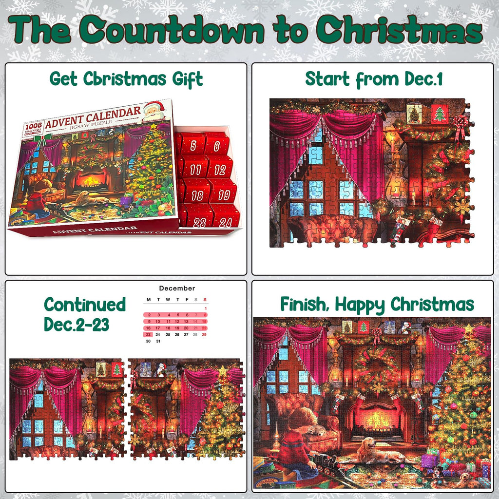 Advent Calendar 2025 Christmas Jigsaw Puzzles, Christmas Surprise Countdown Calendars for Adult and Kids, 24 Parts 1008 Pieces Holiday Puzzle Gifts Decorations with Puzzle Saver