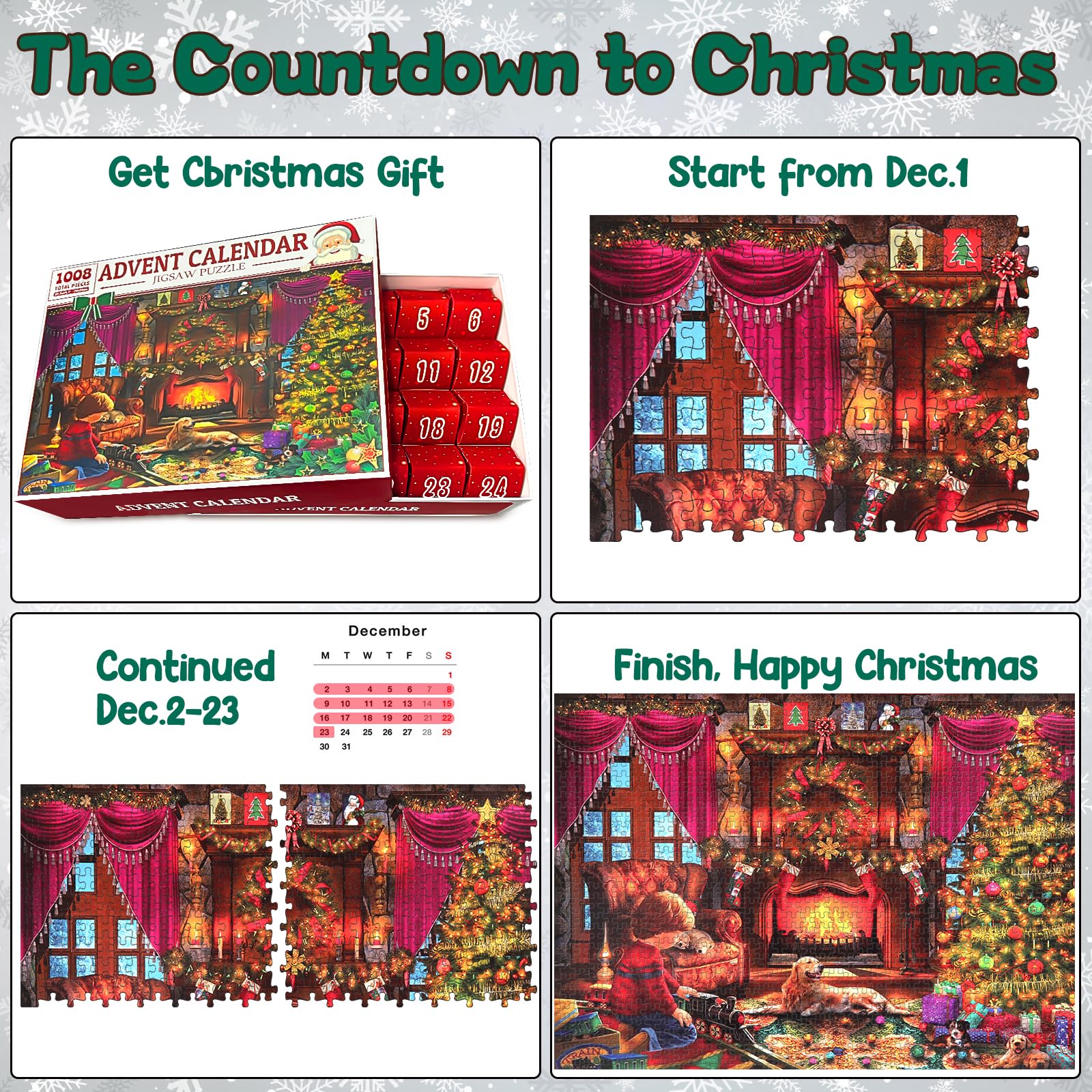 Advent Calendar 2025 Christmas Jigsaw Puzzles, Christmas Surprise Countdown Calendars for Adult and Kids, 24 Parts 1008 Pieces Holiday Puzzle Gifts Decorations with Puzzle Saver
