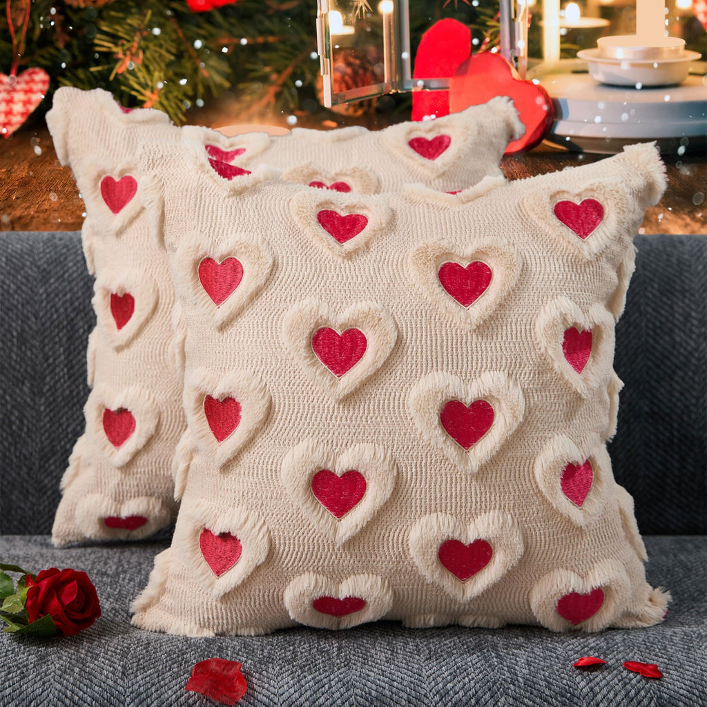 WKJZH Valentines Day Pillow Covers 18x18 Inch Set of 2 Pink Embroidery Beige Heart Decorative Beige Soft Plush Faux Wool Throw Pillows for Couch Sofa Bedroom Holiday Home Decor MRD01C45