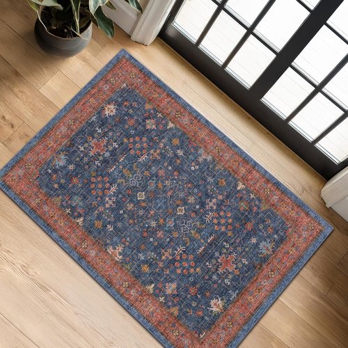 Hazo Haus Washable 2x4 Entry Rug - Non-Slip Rubber Backed Indoor Mat for Kitchen & Bathroom | Navy Blue Boho Décor