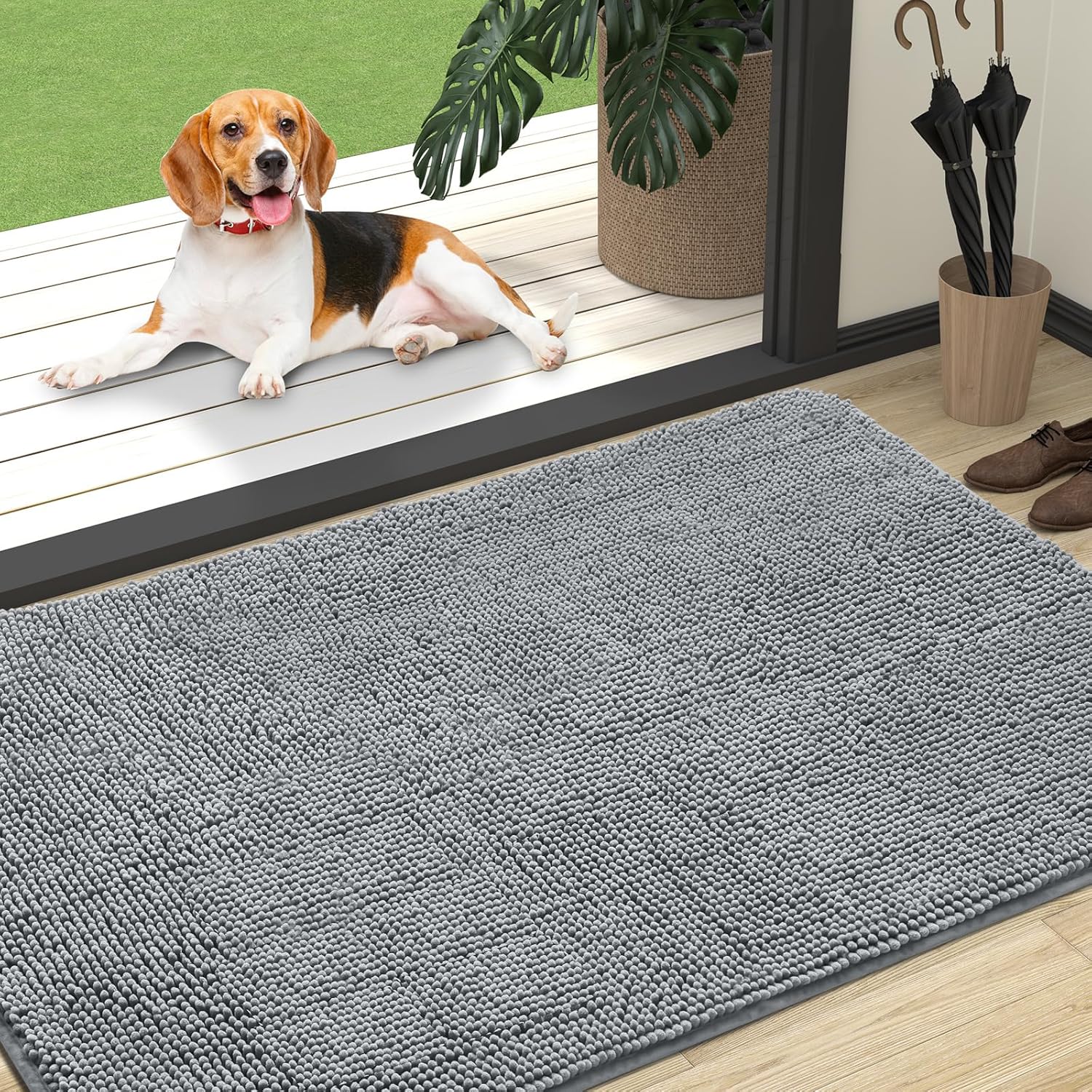 OLANLY Dog Door Mat - Absorbent Non-Slip Chenille Mat for Muddy Paws | 47x32 Inches, Grey