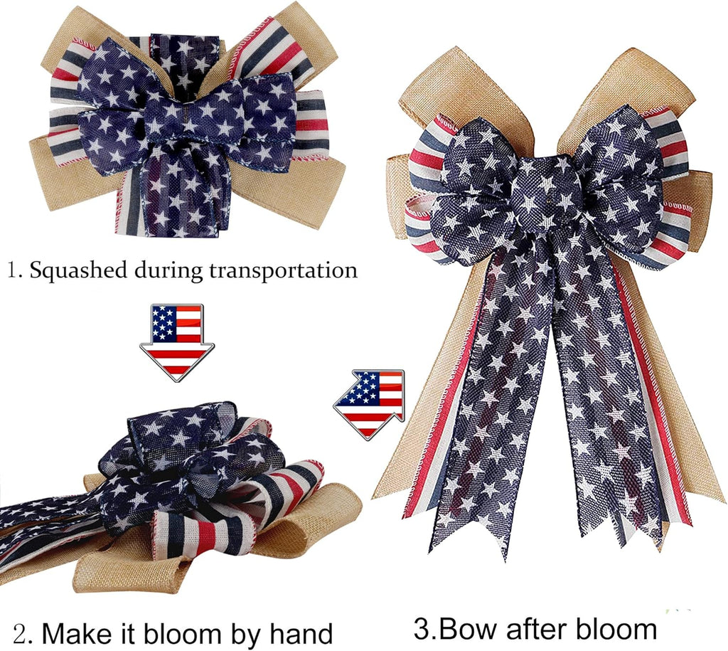 Skiennix Patriotic Decor Bow - Burlap Red, White & Blue Stripe Stars for Wreaths & Tree Toppers
