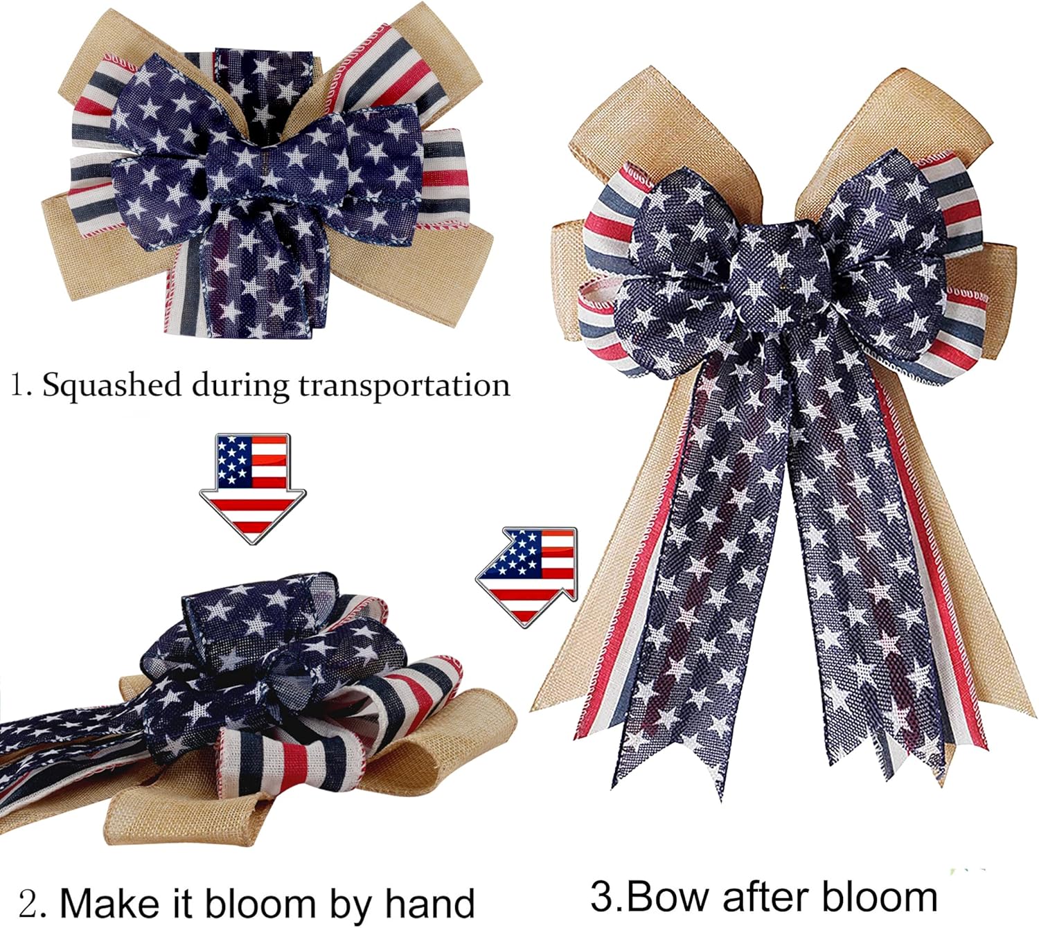Skiennix Patriotic Decor Bow - Burlap Red, White & Blue Stripe Stars for Wreaths & Tree Toppers