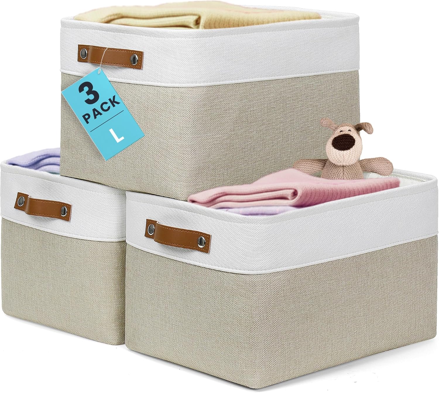 OrganiHaus Large Fabric Storage Baskets - 3 Pack Canvas Organizers for Closets | 15x11in Beige/Off-White