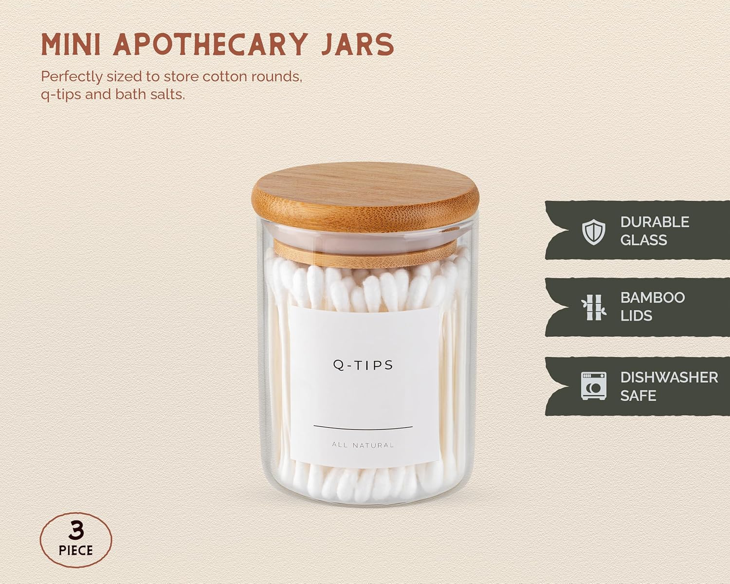 Vase and Vessel Mini Glass Apothecary Jars - Bamboo Lids for Bathroom & Kitchen Storage | 10 oz, Set of 3