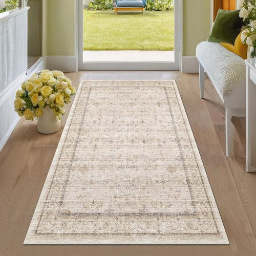 Farmhouse Bathroom Rug by Washable Cream - Non-Slip 3x5 Area Rug for Kitchen, Bedroom & Entryway - Soft Light Beige Décor