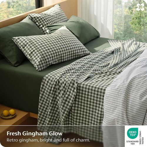Bedsure 100% Washed Cotton Percale Sheets - Gingham Olive Green Queen Set with 18" Deep Pockets, Soft & Breathable
