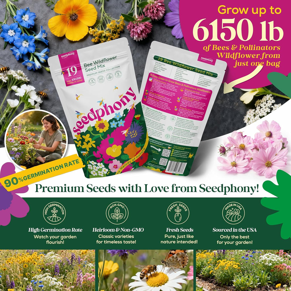 Seedphony Wildflower Seeds Mix - 100,000 Non-GMO Heirloom Seeds for Pollinators | 4oz Waterproof Packet