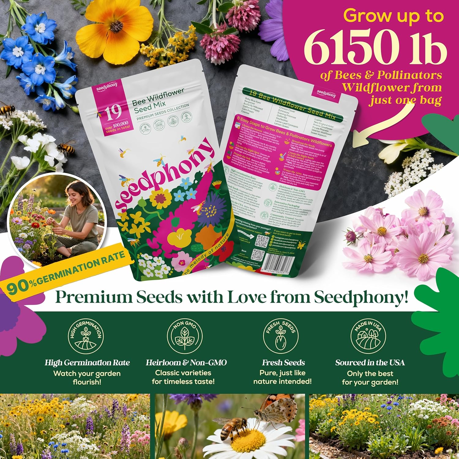 Seedphony Wildflower Seeds Mix - 100,000 Non-GMO Heirloom Seeds for Pollinators | 4oz Waterproof Packet