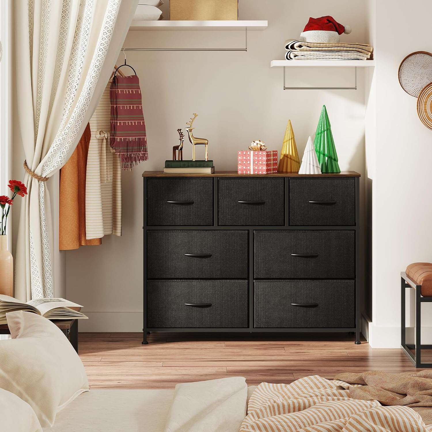 WLIVE 7 Drawer Dresser - Stylish TV Stand & Media Console for TVs Up to 45 Inches | Black & Rustic Brown