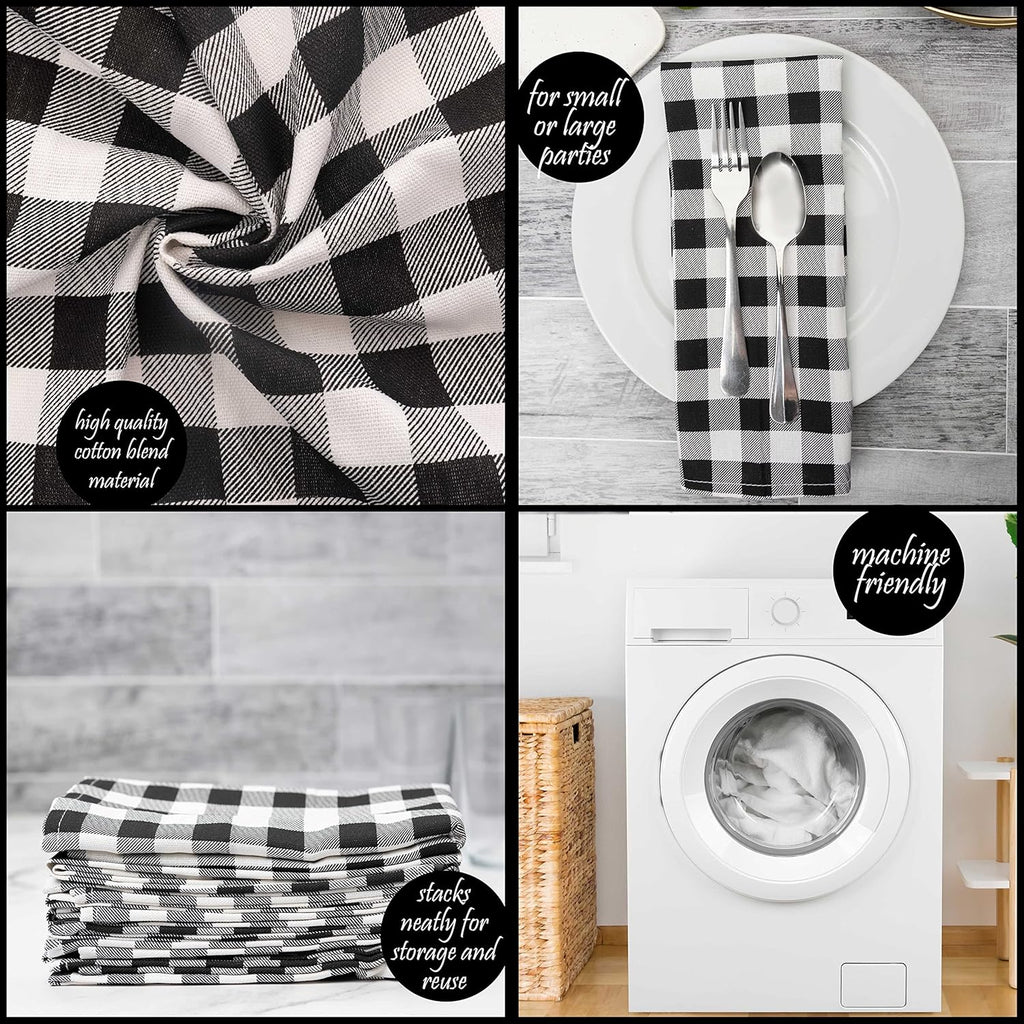 PERLLI Cotton Cloth Napkins - 12 Pack 18x18 Inches | Black and White Plaid Design, Washable & Reusable for Elegant Table Settings