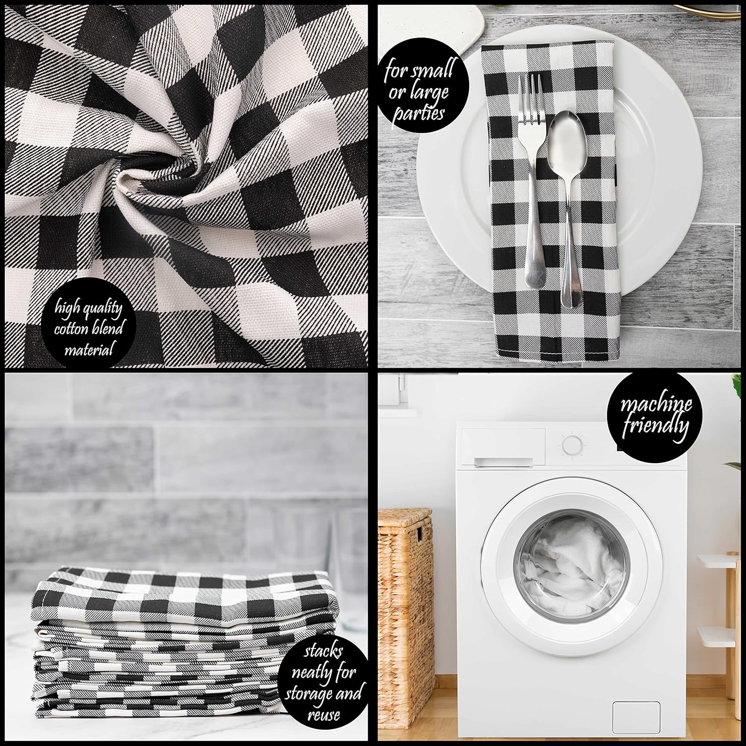 PERLLI Cotton Cloth Napkins - 12 Pack 18x18 Inches | Black and White Plaid Design, Washable & Reusable for Elegant Table Settings