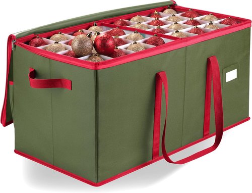 Christmas Ornament Storage | Holds Up to 128 Ornaments - Adjustable Dividers, Zippered Top, Green