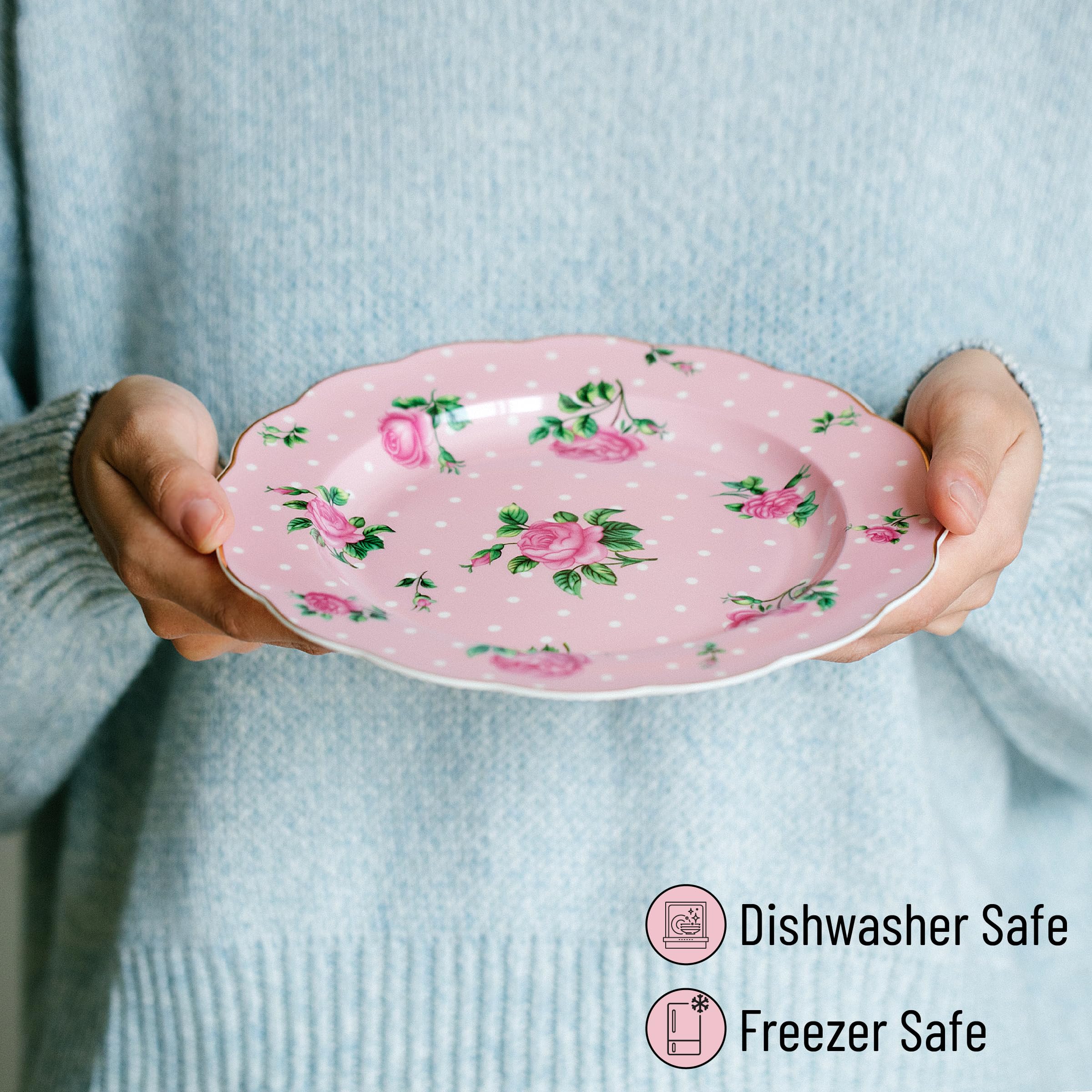 BTaT- Porcelain Floral Plates Set of 8, 8 Inch, Assorted Pastel Colors with Golden Rim, Floral Dessert Plates, Spring Dinnerware, Dishwasher & Freezer Safe, Mothers Day Gift