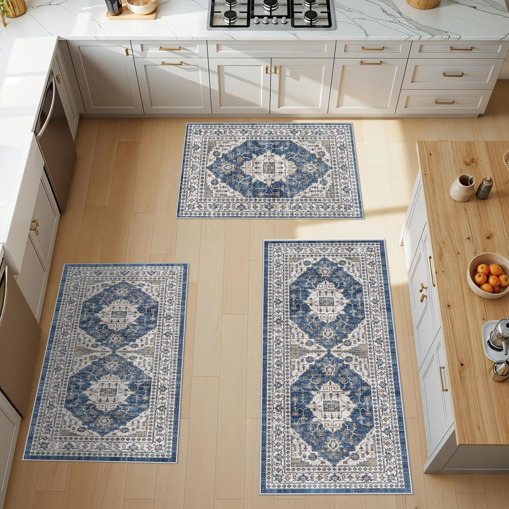 Skiennix Washable 4-Piece Kitchen Floor Mats - Non-Slip, Easy Clean, Water-Resistant Rugs | Blue