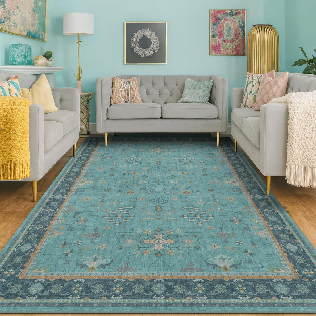 Skiennix 5x7 Teal Rug - Boho Turquoise Living Room Carpet | Washable Non-Slip Design
