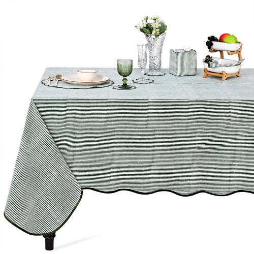 Ridhi Forest Green Stripe Block Print 60x90 Rectangle Tablecloth Table Cover for Dining Tables, Handcrafted Farmhouse Kitchen Decor, Washable, Decorative Tablecloths for Spring, Easter, Valentine