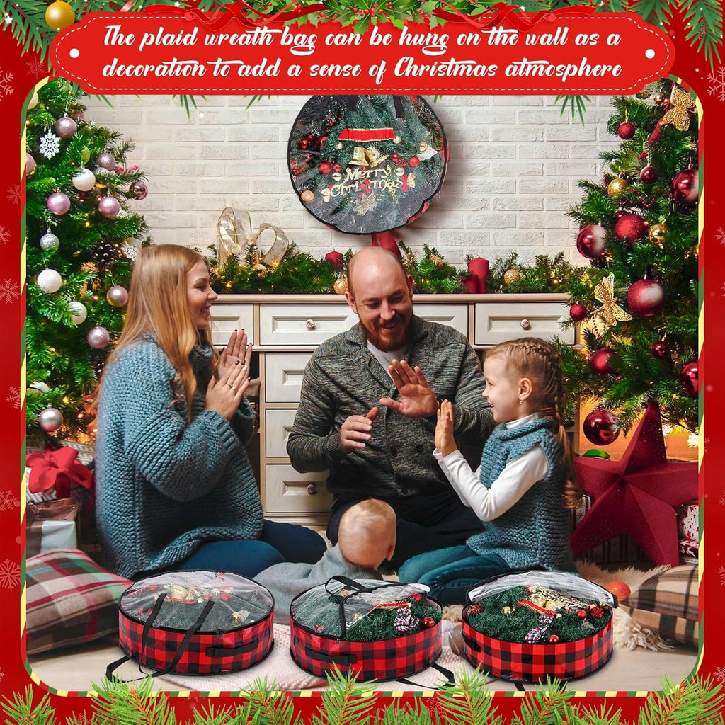 Shappy Christmas Wreath Storage Bag - 4 Pcs with Clear Window & Handles | Red Black, 24 Inch