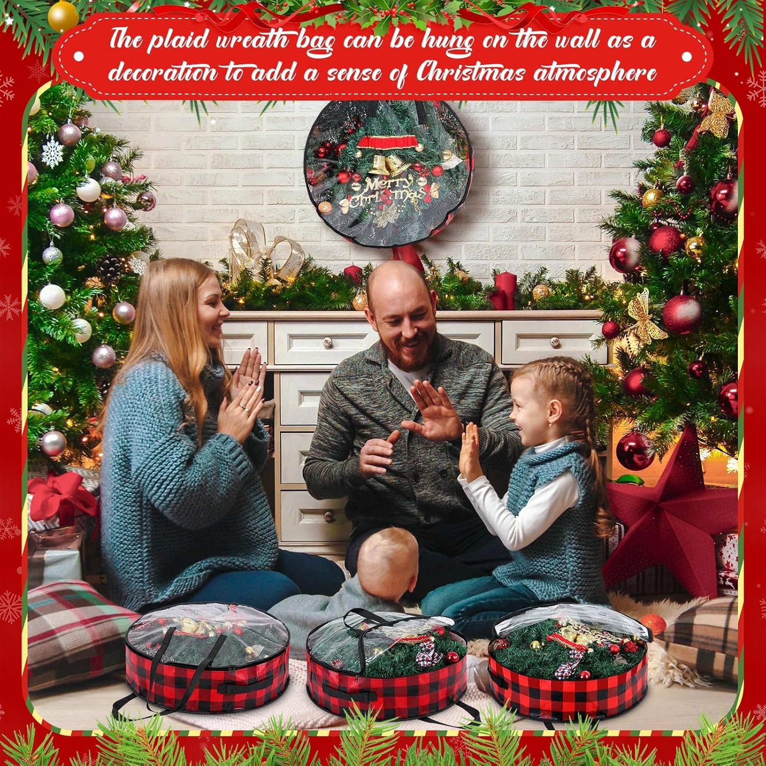 Shappy Christmas Wreath Storage Bag - 4 Pcs with Clear Window & Handles | Red Black, 24 Inch