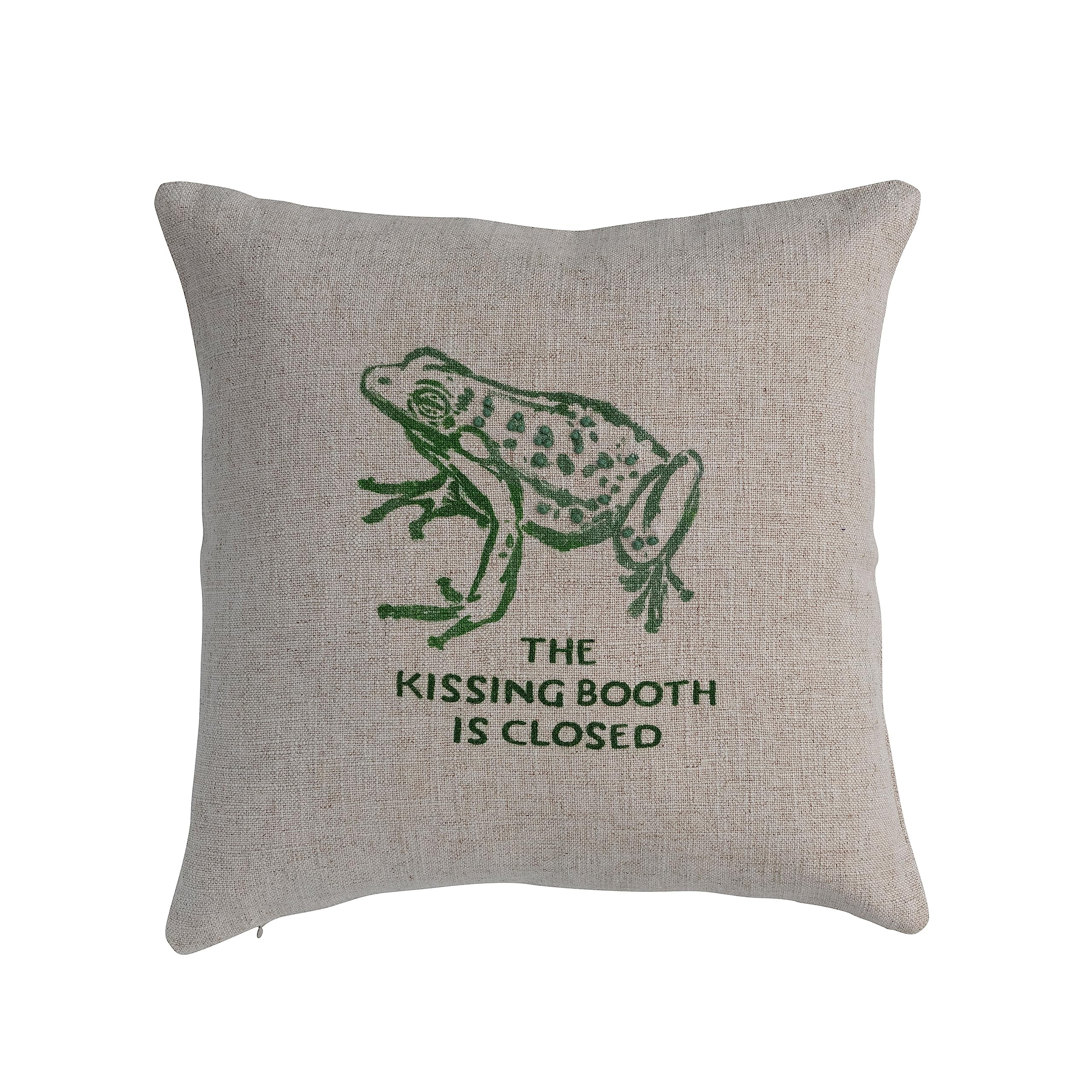 16" Square Linen Blend Printed Pillow with Frog and The Kissing Booth is Closed Text Prints and French Knots, Natural and Green